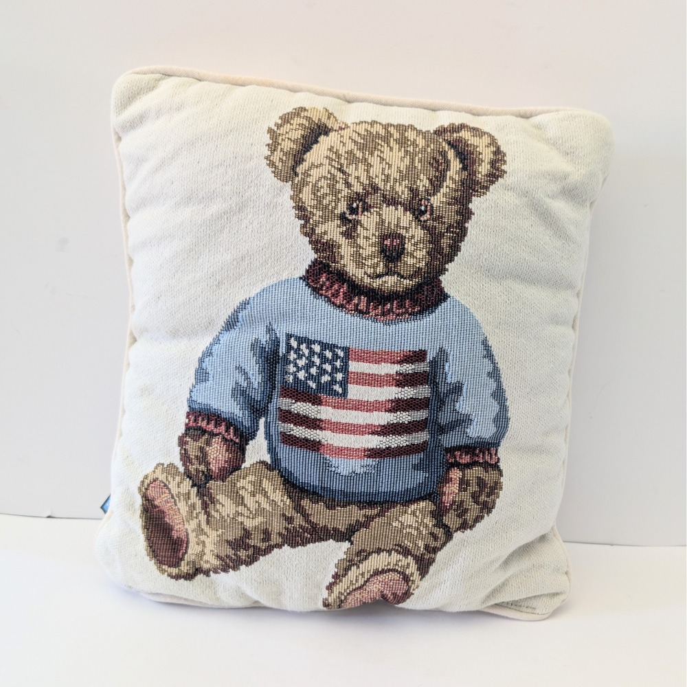 Dakota Woven Tapestry Throw Pillow Teddy Bear American Flag Ralph Lauren 11x11